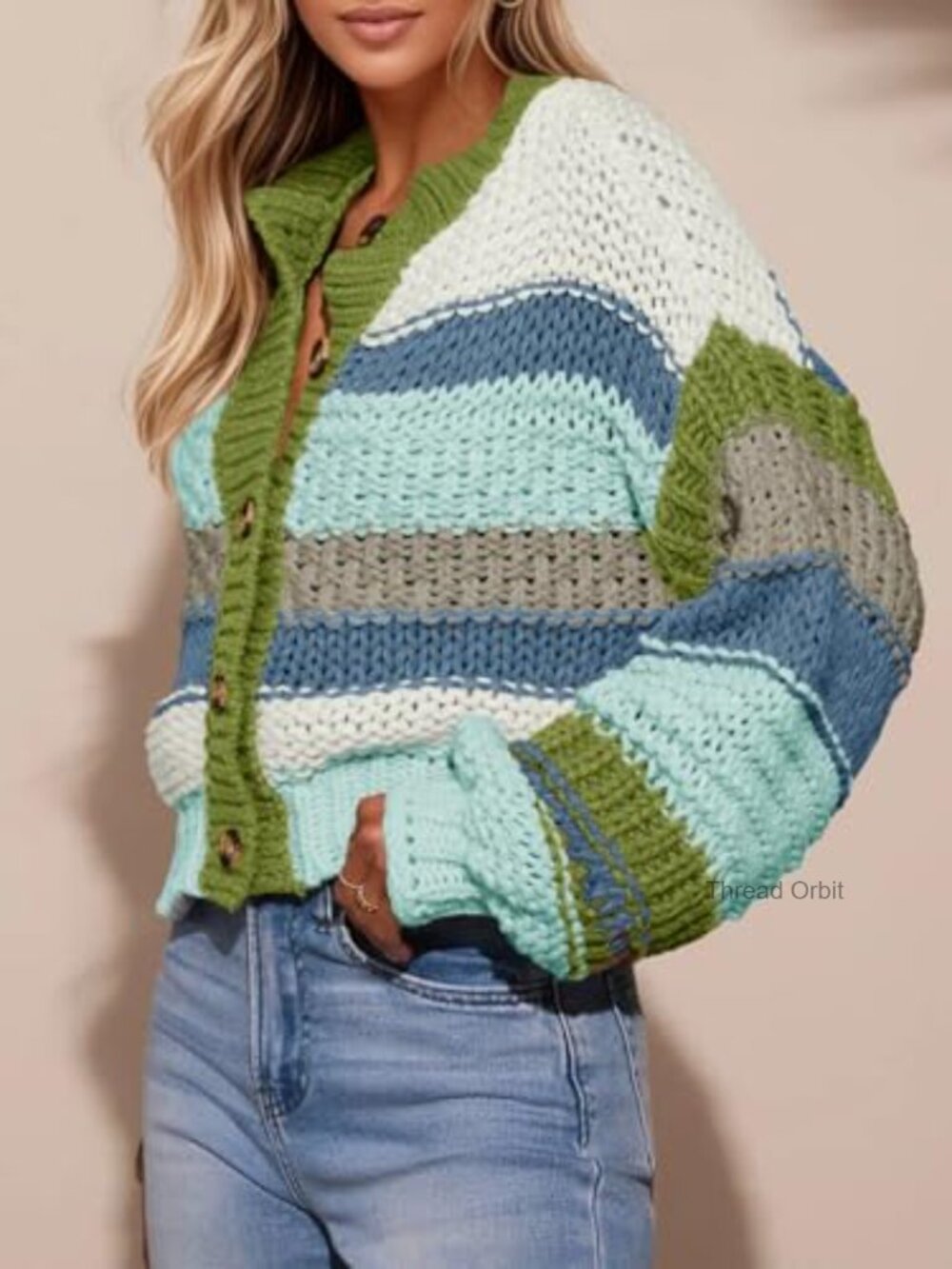 Striped Chunky Cardigan Sweater Button Up Long Sleeve Knit Coat - Picture 4 of 7
